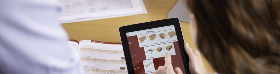 Woman at workplace holding tablet computer sitting next to standing man